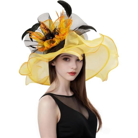 Women Organza Church Tea Party Hats Floral Yellow Black main image 7